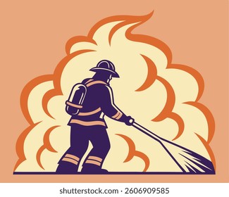 Silhouette of a firefighter spraying water on a large smoke cloud.