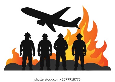 Silhouette of Firefighters and Rescue Workers Near a Burning Aircraft, Vector Illustration on White Background – Emergency Response, Aviation Disaster, Firefighting Team, Search and Rescue, Safety Con