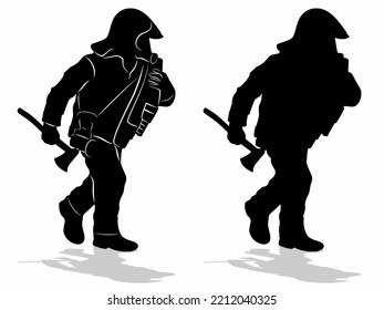 Silhouette Of A Fireman With A Fire Hose, Ax , Black And White Drawing, White Background