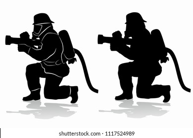 silhouette of a fireman with a fire hose, black and white drawing, white background