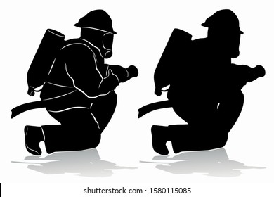 silhouette of a fireman with a fire hose, black and white drawing, white background