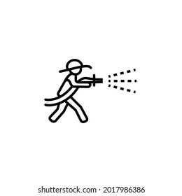 silhouette of a fireman with fire hose, black and white drawing, white background.