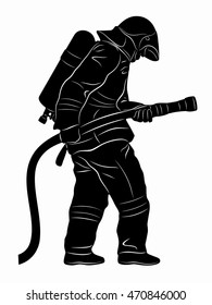 silhouette of a fireman with a fire hose, black and white drawing, white background