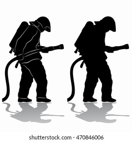 silhouette of a fireman with a fire hose, black and white drawing, white background