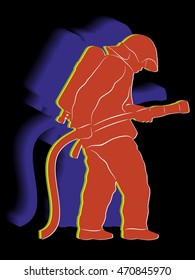 silhouette of a fireman with a fire hose, color drawing, black background