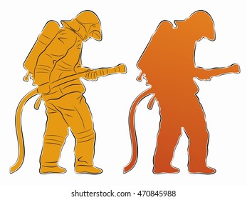 silhouette of a fireman with a fire hose, color drawing, white background