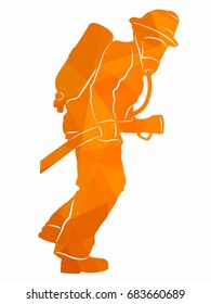 silhouette of a fireman with a fire hose, orange triangles drawing, white background