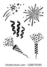 Silhouette firework with stars. Firework pyrotechnic set. Vector illustration.