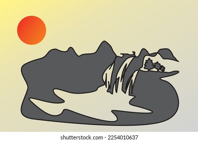 Silhouette in firs snow of mountain and sun. Vector illustration of waterfalls mountains and trees. Mountain symbol, icon, adventure logo camping, picnics winter travel. Editable winter landscape.