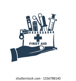 Silhouette first aid kit in hand doctor. Medical equipment and medications. Healthcare concept. Vector illustration flat design. Emergency template banner. Help colds. Syringe pill pipette and plaster