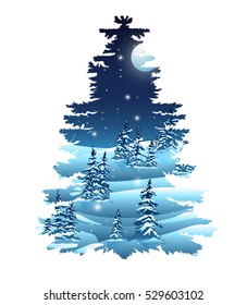Silhouette of a fir-tree with winter landscape background.Double exposure effect.