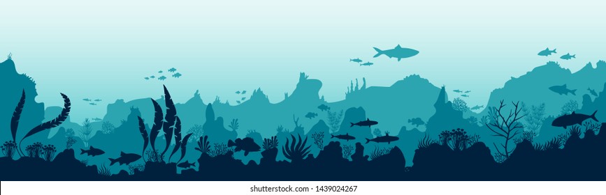 Silhouette of fish and algae on the background of reefs. Stock vector illustration. Panoramic wallpaper with the underwater world. Underwater landscape. eps 10 vector 