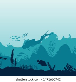 Silhouette of fish and algae on the background of reefs. Underwater ocean scene. Deep blue water, coral reef and underwater plants. a beautiful underwater scene; a vector seascape with reef.