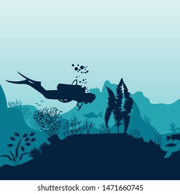 Silhouette of fish and algae on the background of reefs. Underwater ocean scene. Deep blue water, coral reef and underwater plants. a beautiful underwater scene; a vector seascape with reef.