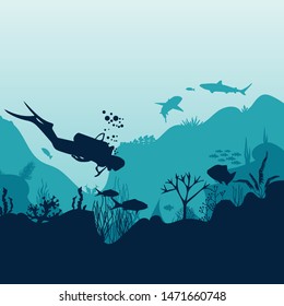 Silhouette of fish and algae on the background of reefs. Underwater ocean scene. Deep blue water, coral reef and underwater plants. a beautiful underwater scene; a vector seascape with reef.