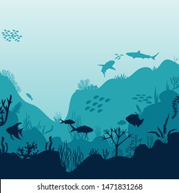 Silhouette of fish and algae on the background of reefs. Underwater ocean scene. Deep blue water, coral reef and underwater plants. a beautiful underwater scene; a vector seascape with reef.