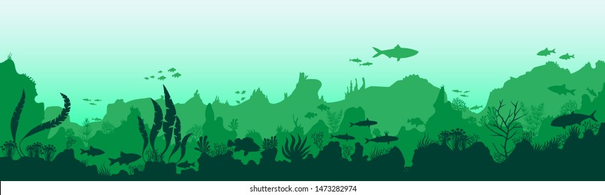 Silhouette of fish and algae on a background of reefs. Underwater Worlds. Green shades. Stock vector illustration. EPS 10. Panoramic wallpaper with the underwater world.