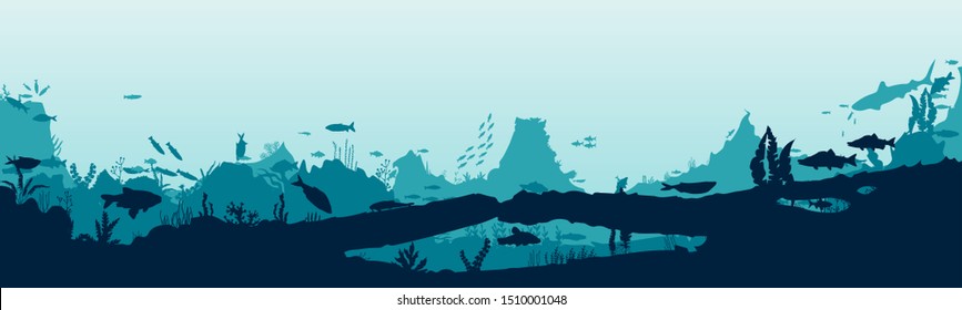 Silhouette of fish and algae on the background of reefs. Underwater ocean scene. Deep blue water, coral reef and underwater plants. a beautiful underwater scene; a vector seascape with reef.