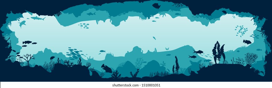 Silhouette of fish and algae on the background of reefs. Underwater ocean scene. Deep blue water, coral reef and underwater plants. a beautiful underwater scene; a vector seascape with reef.