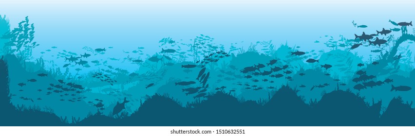 Silhouette of fish and algae on the background of reefs. Underwater ocean scene. Deep blue water, coral reef and underwater plants. a beautiful underwater scene; a vector seascape with reef.