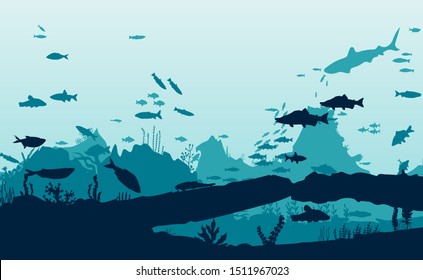 Silhouette of fish and algae on the background of reefs. Underwater ocean scene. Deep blue water, coral reef and underwater plants. a beautiful underwater scene; a vector seascape with reef.