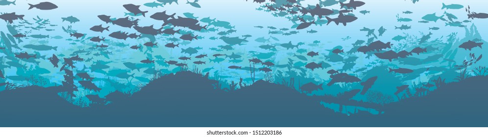 Silhouette of fish and algae on the background of reefs. Underwater ocean scene. Deep blue water, coral reef and underwater plants. a beautiful underwater scene; a vector seascape with reef.