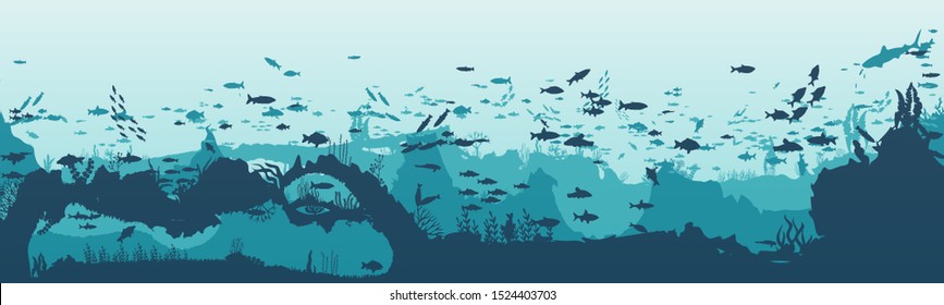 Silhouette of fish and algae on the background of reefs. Underwater ocean scene. Deep blue water, coral reef and underwater plants. a beautiful underwater scene; a vector seascape with reef.