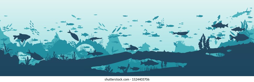 Silhouette of fish and algae on the background of reefs. Underwater ocean scene. Deep blue water, coral reef and underwater plants. a beautiful underwater scene; a vector seascape with reef.