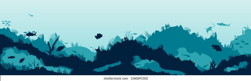 Silhouette of fish and algae on the background of reefs. Underwater ocean scene. Deep blue water, coral reef and underwater plants. a beautiful underwater scene; a vector seascape with reef.