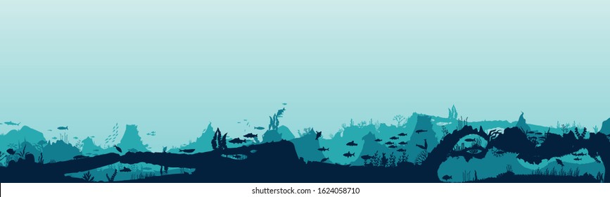 Silhouette of fish and algae on the background of reefs. Underwater ocean scene. Deep blue water, coral reef and underwater plants. a beautiful underwater scene; a vector seascape with reef.	