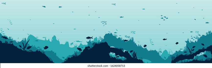 Silhouette of fish and algae on the background of reefs. Underwater ocean scene. Deep blue water, coral reef and underwater plants. a beautiful underwater scene; a vector seascape with reef.	