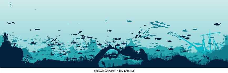 Silhouette of fish and algae on the background of reefs. Underwater ocean scene. Deep blue water, coral reef and underwater plants. a beautiful underwater scene; a vector seascape with reef.	