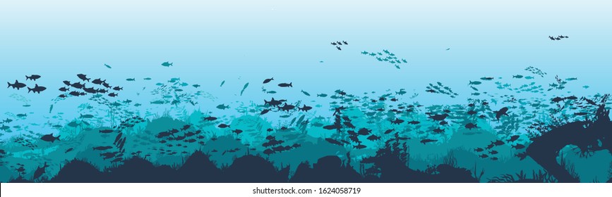 Silhouette of fish and algae on the background of reefs. Underwater ocean scene. Deep blue water, coral reef and underwater plants. a beautiful underwater scene; a vector seascape with reef.	