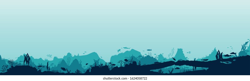 Silhouette of fish and algae on the background of reefs. Underwater ocean scene. Deep blue water, coral reef and underwater plants. a beautiful underwater scene; a vector seascape with reef.	