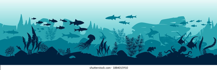 Silhouette of fish and algae on the background of reefs. Stock vector illustration. EPS10. Panoramic wallpaper with the underwater world. Underwater landscape.  