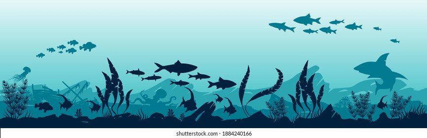 Silhouette of fish and algae on the background of reefs. Panoramic wallpaper with the underwater world. EPS 10. Stock vector illustration. Underwater landscape.