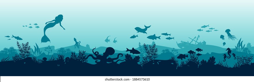 Silhouette of fish and algae on the background of the reefs. Mermaid in the ocean. Stock vector illustration. EPS 10. Panoramic wallpaper with the underwater world. Underwater landscape.