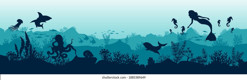 Silhouette de peces y algas al fondo de los arrecifes. Sirena en el océano. Ilustración vectorial.