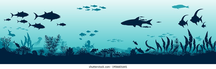 Silhouette of fish and algae on the background of reefs. Stock vector illustration. EPS10. Panoramic wallpaper with the underwater world. Underwater landscape.