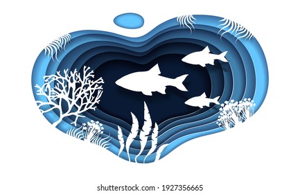 Silhouette of fish and algae on the background of the reefs. Underwater world in layered paper style. Vector illustration for background.