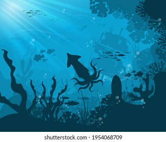 Silhouette of fish and algae on the background of reefs. Underwater ocean scene. Deep blue water, coral reef and underwater plants. 