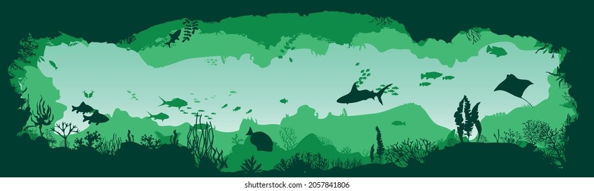 Silhouette von Fischen und Algen auf dem Hintergrund der Riffe. Panoramahintergrund mit Unterwasserwelt. Unterwasserlandschaft. Vektorgrafik