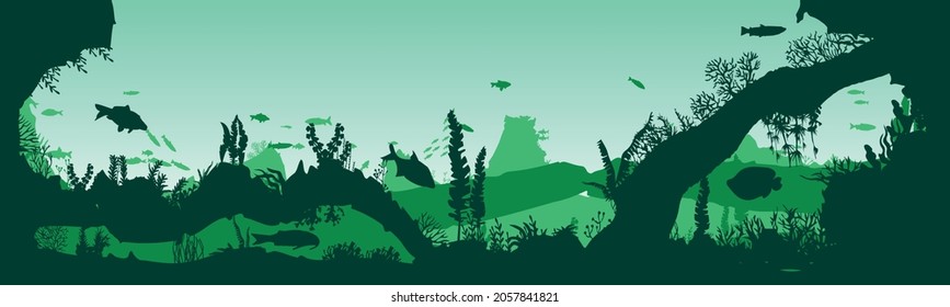 Silhouette of fish and algae on the background of the reefs. Panoramic wallpaper with the underwater world. Underwater landscape. vector