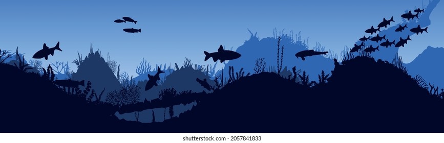 Silhouette of fish and algae on the background of the reefs. Panoramic wallpaper with the underwater world. Underwater landscape. vector
