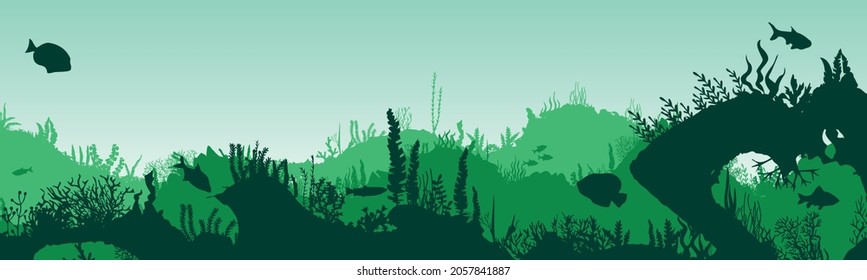 Silhouette of fish and algae on the background of the reefs. Panoramic wallpaper with the underwater world. Underwater landscape. vector