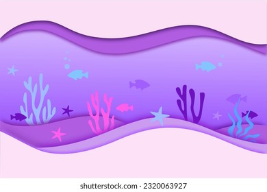 Silhouette of fish and algae on the background of reefs. Stock vector illustration. Panoramic wallpaper with the underwater world. Underwater landscape. eps 10 vector