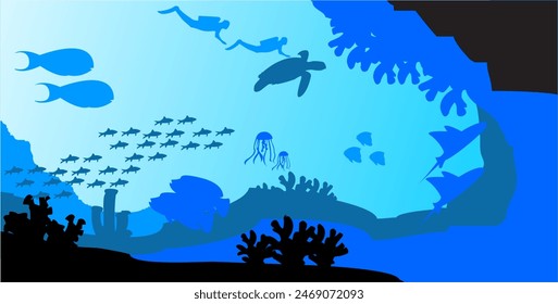 Silhouette von Fischen und Algen auf dem Hintergrund von Riffen. Panoramablick Bildschirmhintergrund mit dem Unterwasser