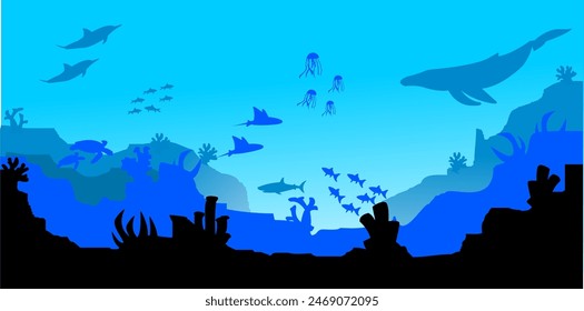 silueta de peces y algas sobre el fondo de arrecifes. Fondo de pantalla panorámico con el submarino