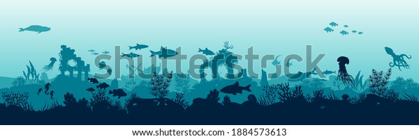 Silhouette of fish and algae on the background of reefs. Stock vector illustration. Panoramic wallpaper with the underwater world. Underwater landscape. eps 10 vector 