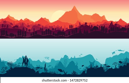 Silhouette of fish and algae on a reef background. landscape with high mountains and forest in several layers in the evening in warm colors. 2 worlds. Ocean floor and high mountains